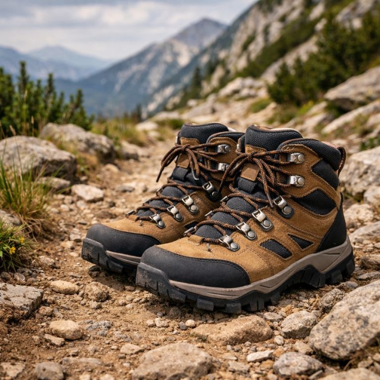 Botas de senderismo sobre un camino de montaña